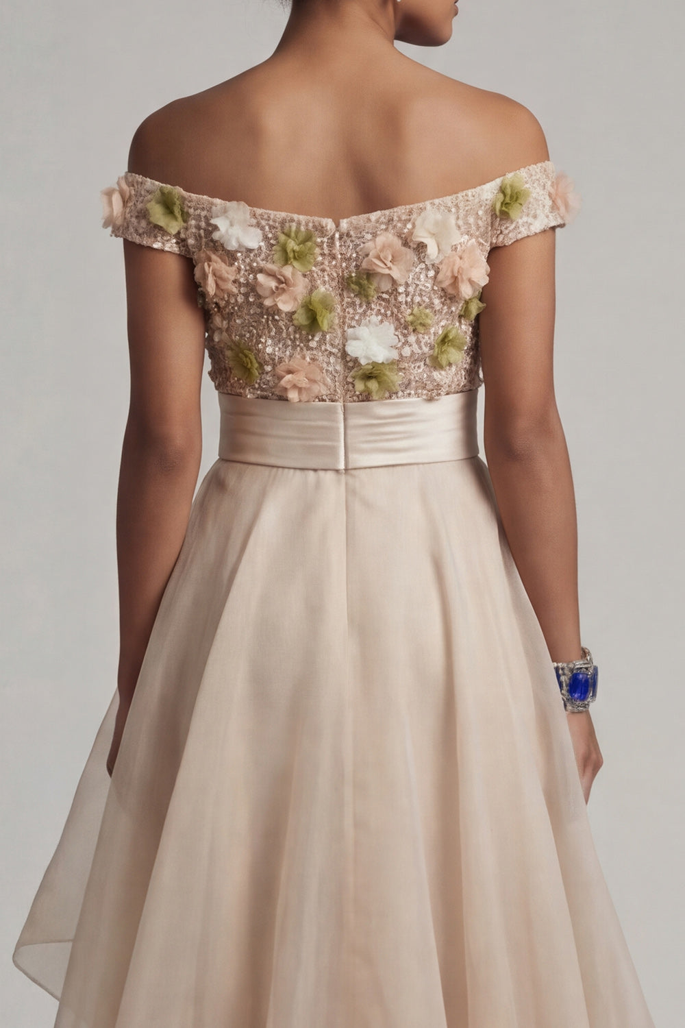 Sparkly Apricot A Line Asymmetrical Wedding Guest Dress with 3D Flowers