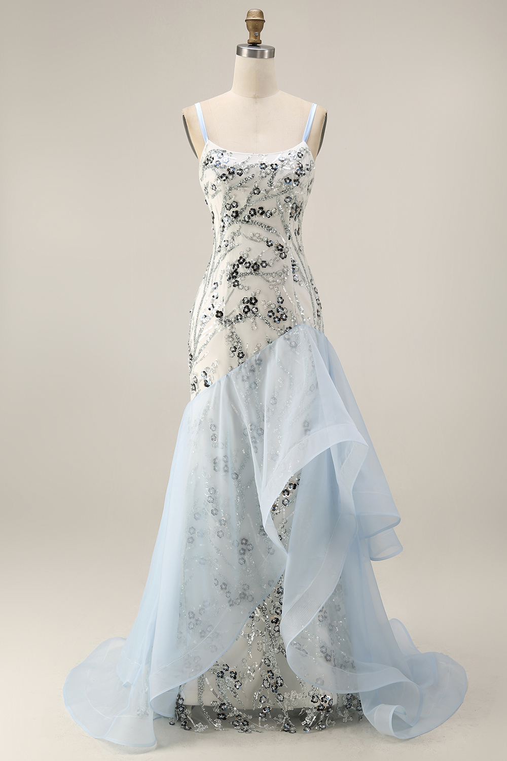 Sparkly Mermaid Light Blue Sequins Maxi Wedding Guest Dress