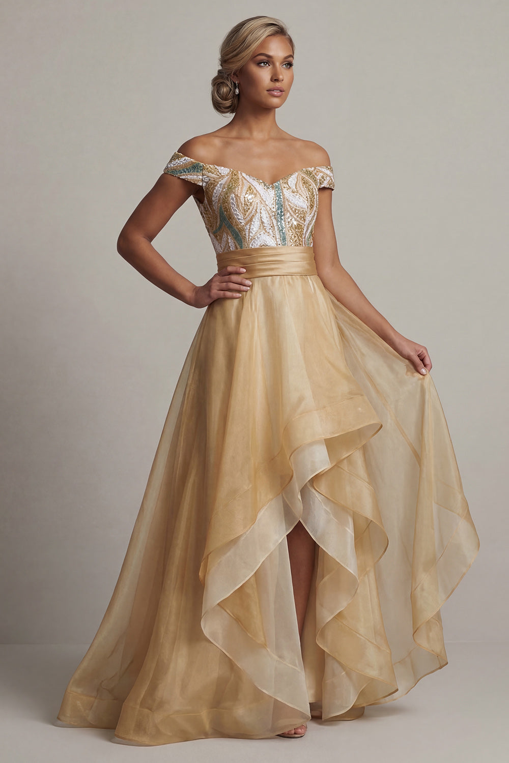 Sparkly A Line Champagne Ruffled Asymmetrical Wedding Guest Dress with Sequins