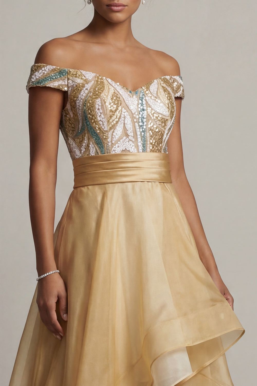 Sparkly A Line Champagne Ruffled Asymmetrical Wedding Guest Dress with Sequins