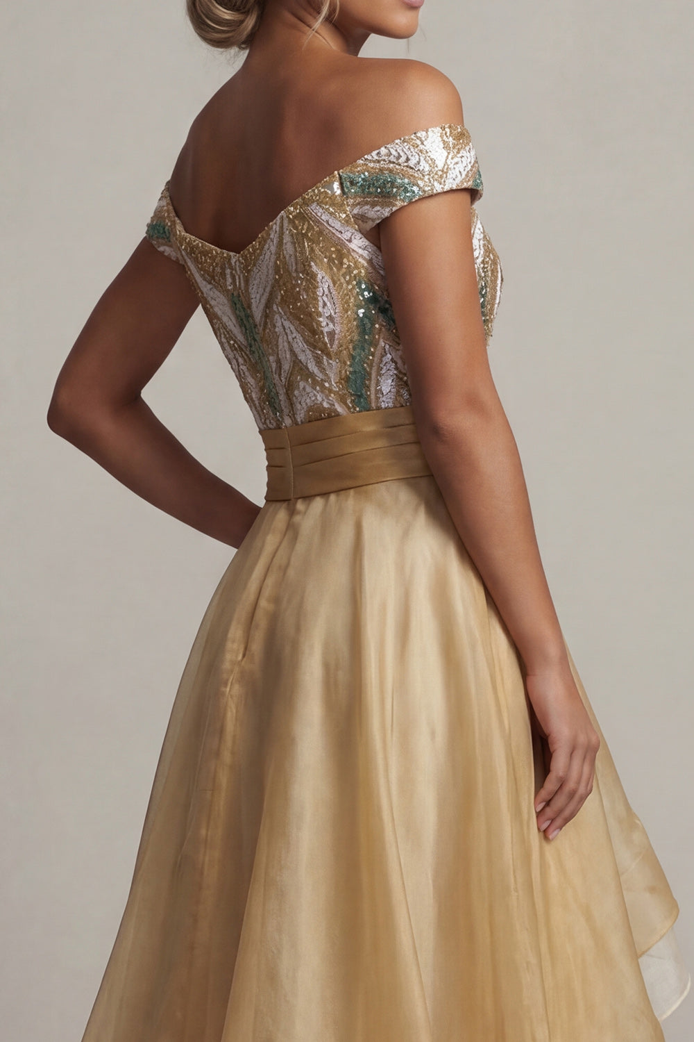 Sparkly A Line Champagne Ruffled Asymmetrical Wedding Guest Dress with Sequins