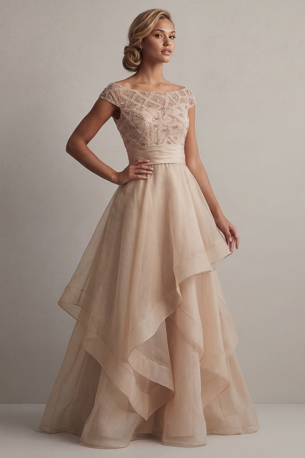 Sparkly Blush Beaded A Line Tiered Maxi Wedding Guest Dress with Ruffles
