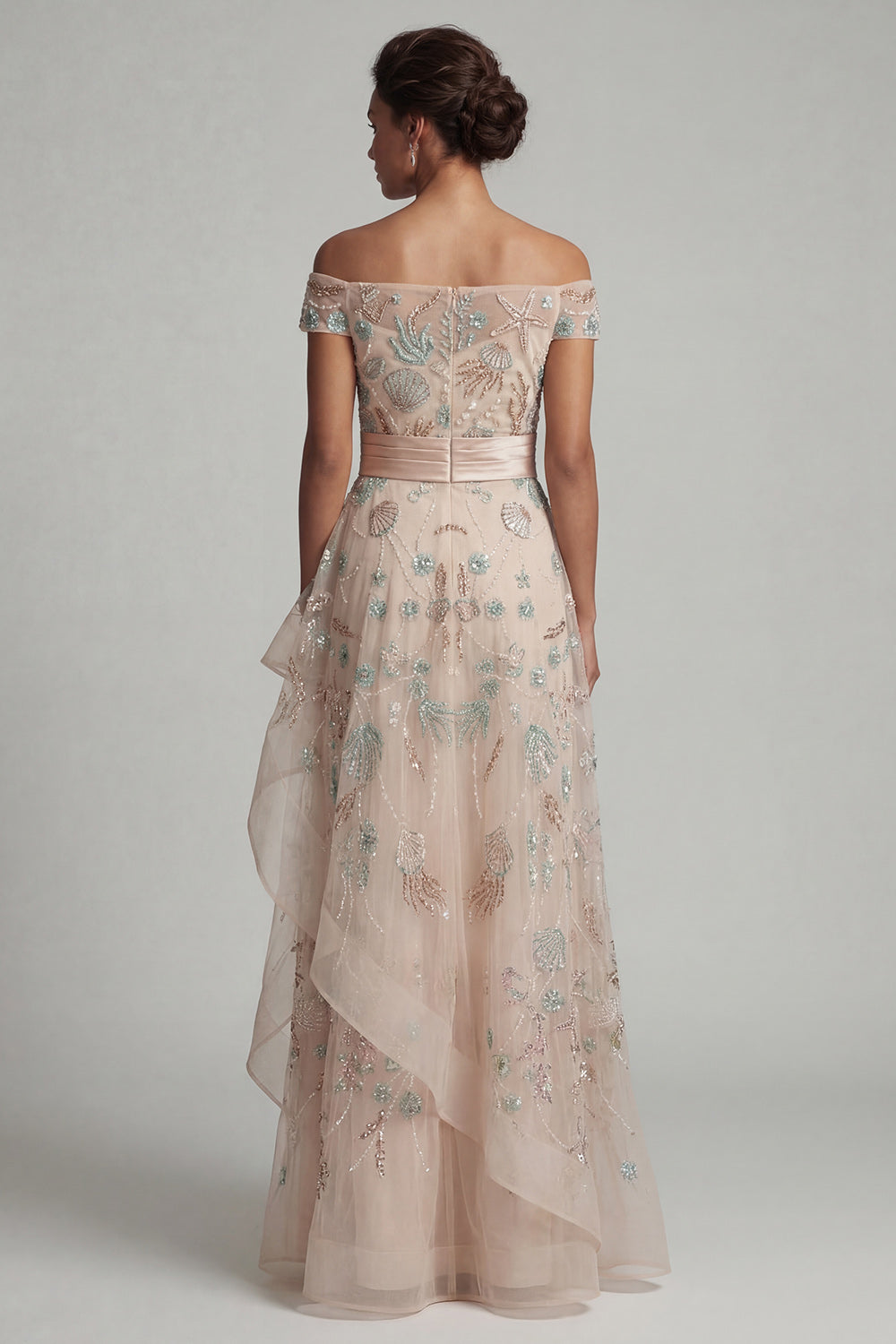 Sparkly Blush A Line Ruffled Floral Maxi Wedding Guest Dress
