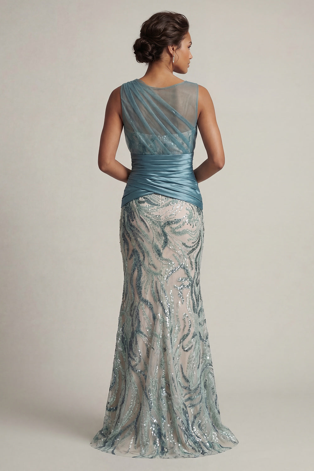 Sparkly Lake Blue Ruched Mermaid Maxi Wedding Guest Dress with Sequins
