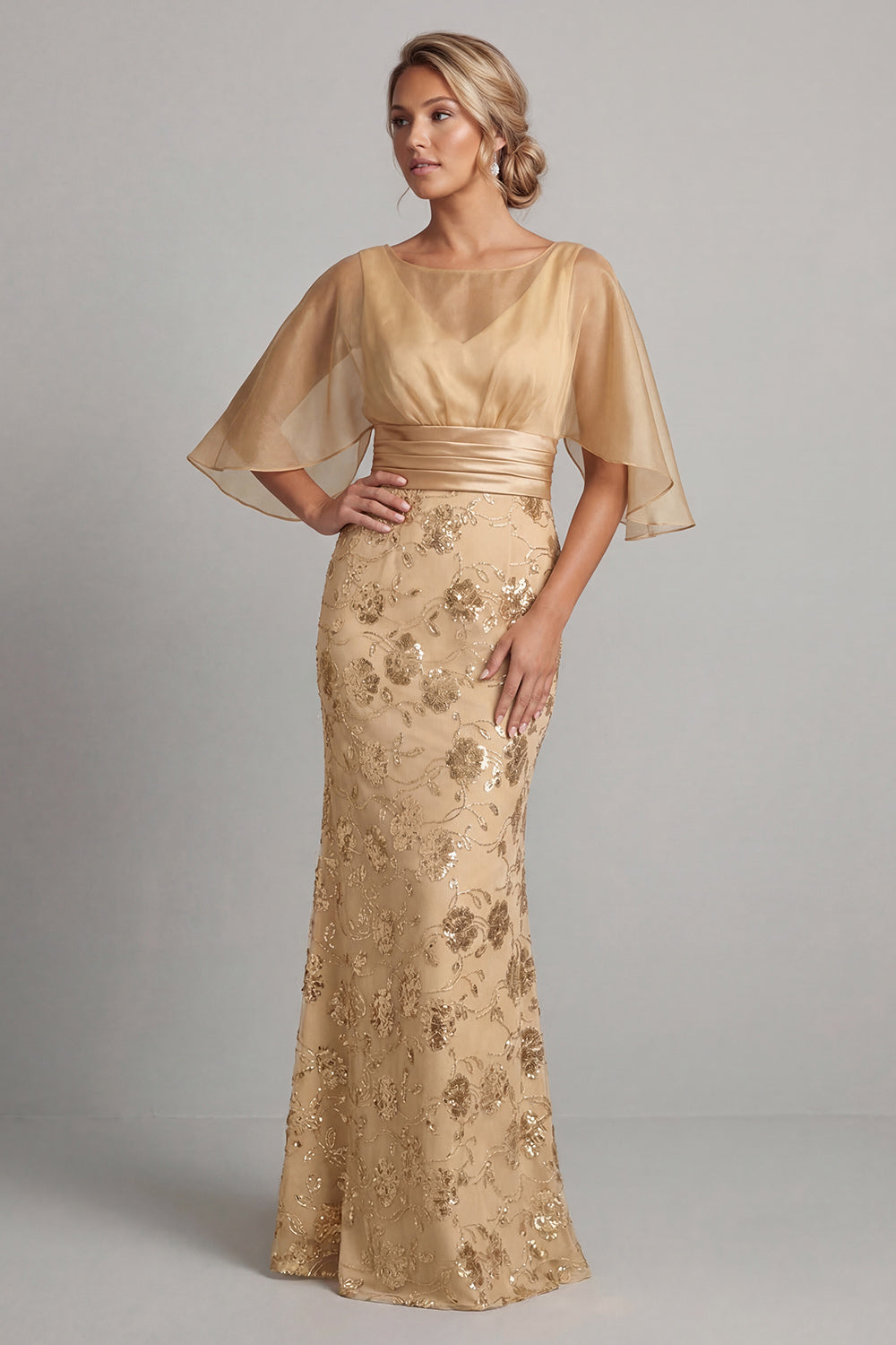 Sparkly Mermaid Champagne Floral Maxi Wedding Guest Dress with Sleeves