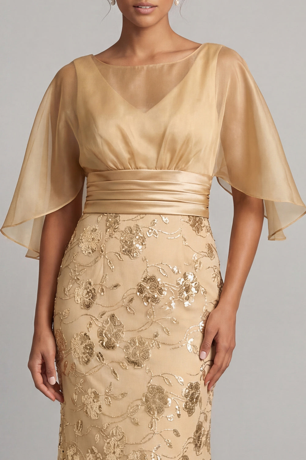 Sparkly Mermaid Champagne Floral Maxi Wedding Guest Dress with Sleeves