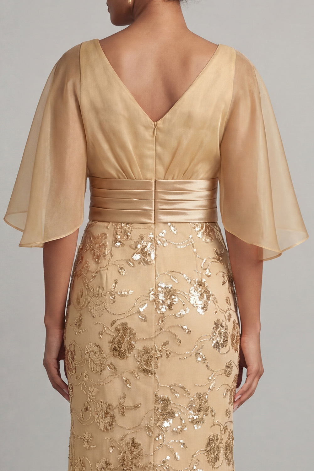 Sparkly Mermaid Champagne Floral Maxi Wedding Guest Dress with Sleeves