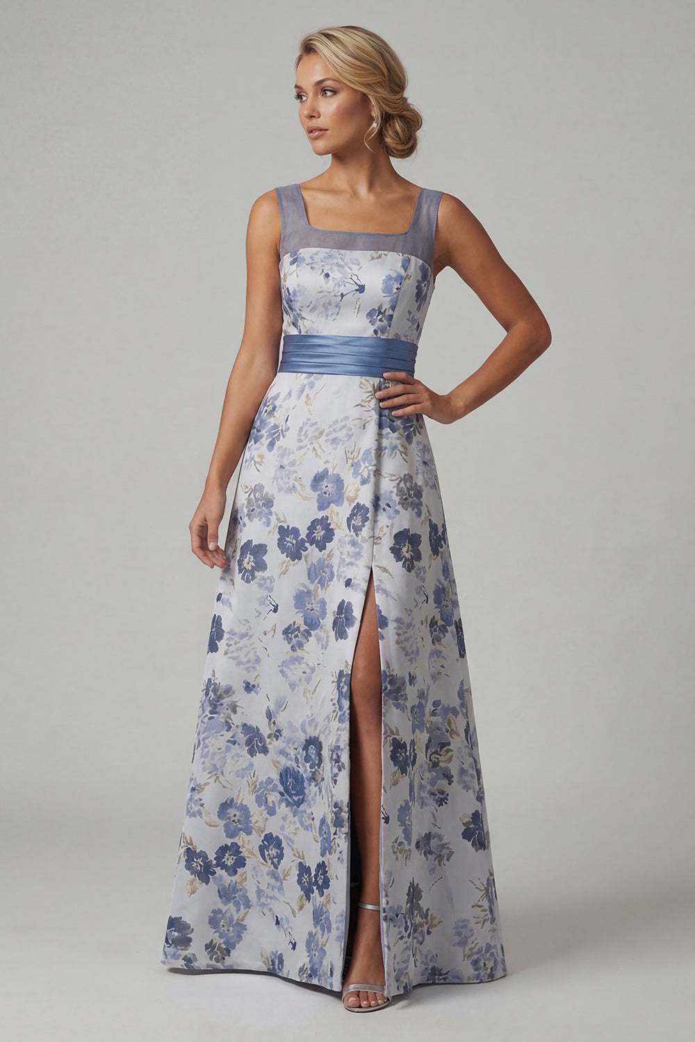 A Line Dusty Blue Floral Maxi Wedding Guest Dress with Slit