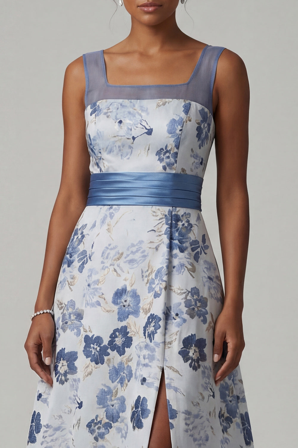 A Line Dusty Blue Floral Maxi Wedding Guest Dress with Slit
