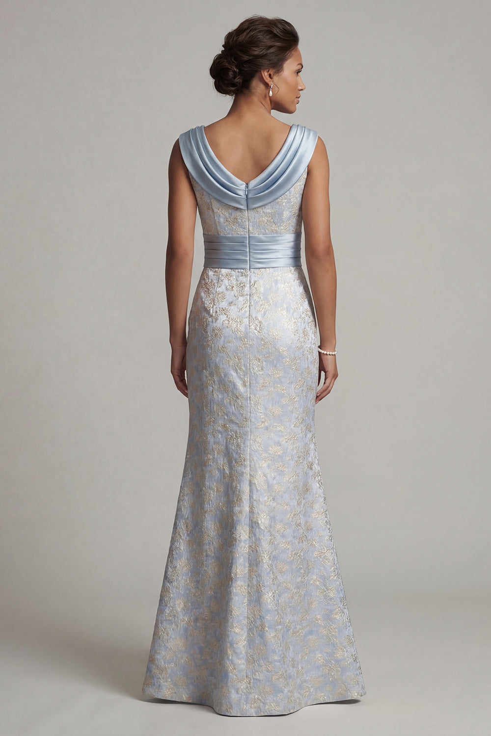 Light Blue Scoop Mermaid Floral Maxi Wedding Guest Dress with Slit