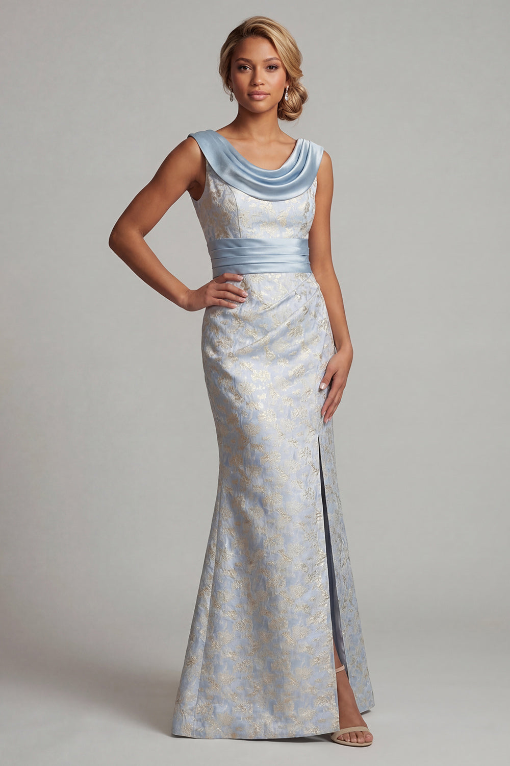 Light Blue Scoop Mermaid Floral Maxi Wedding Guest Dress with Slit