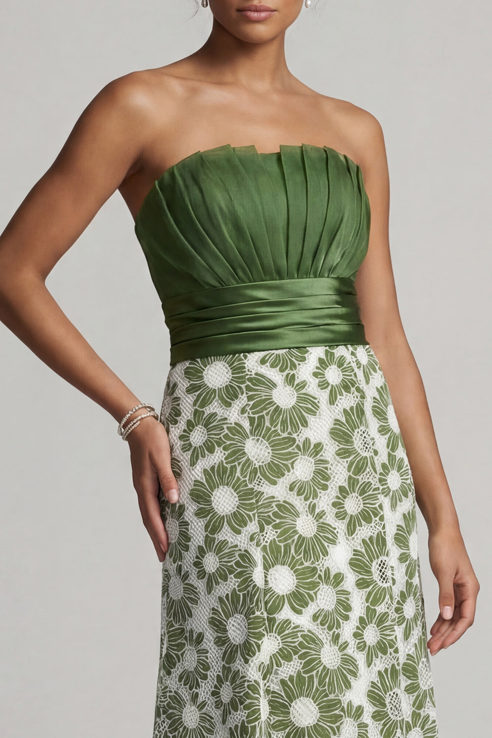 A Line Green Floral Strapless Ruched Long Wedding Guest Dress