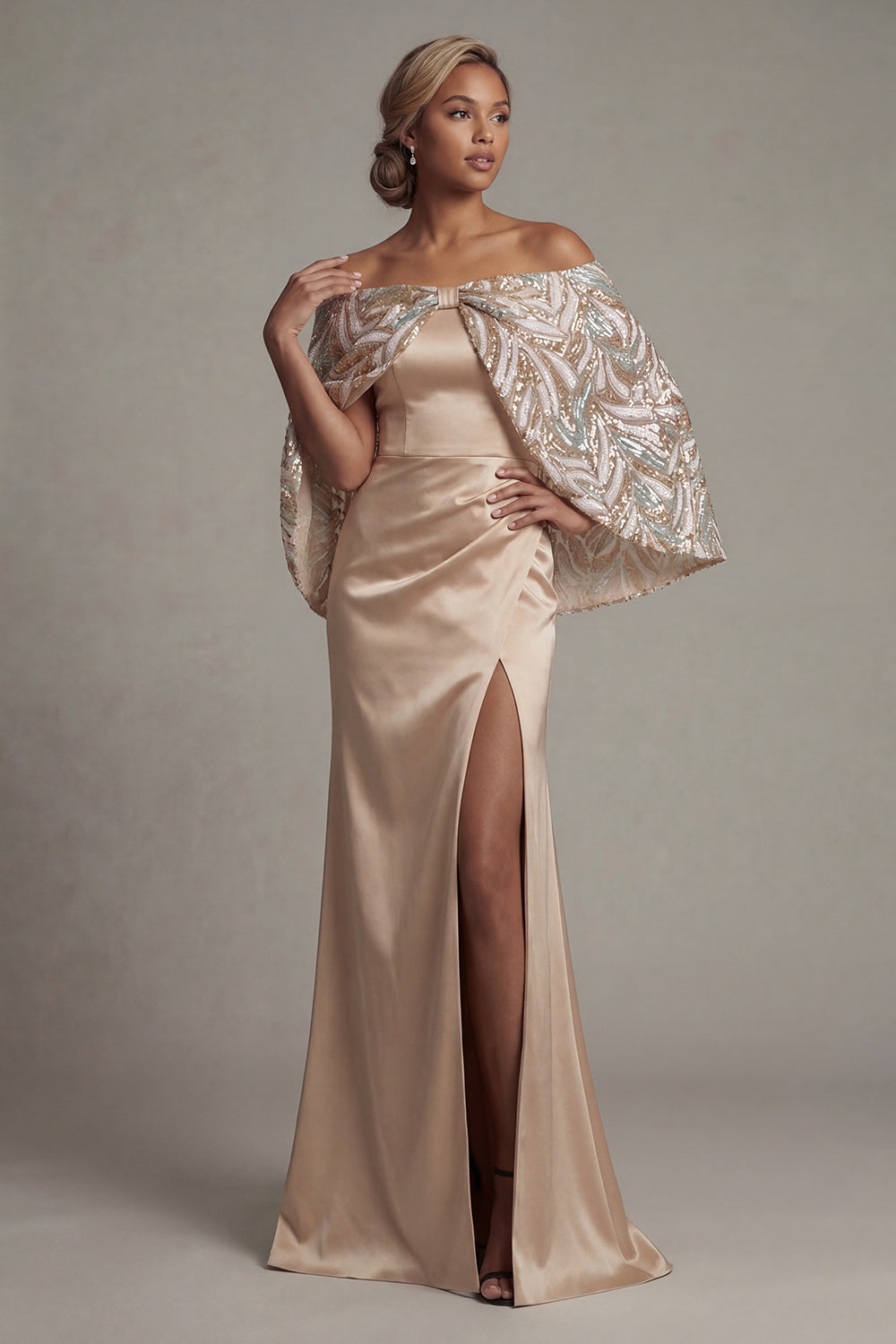 Sparkly Champagne Mermaid Maxi Wedding Guest Dress with Cape