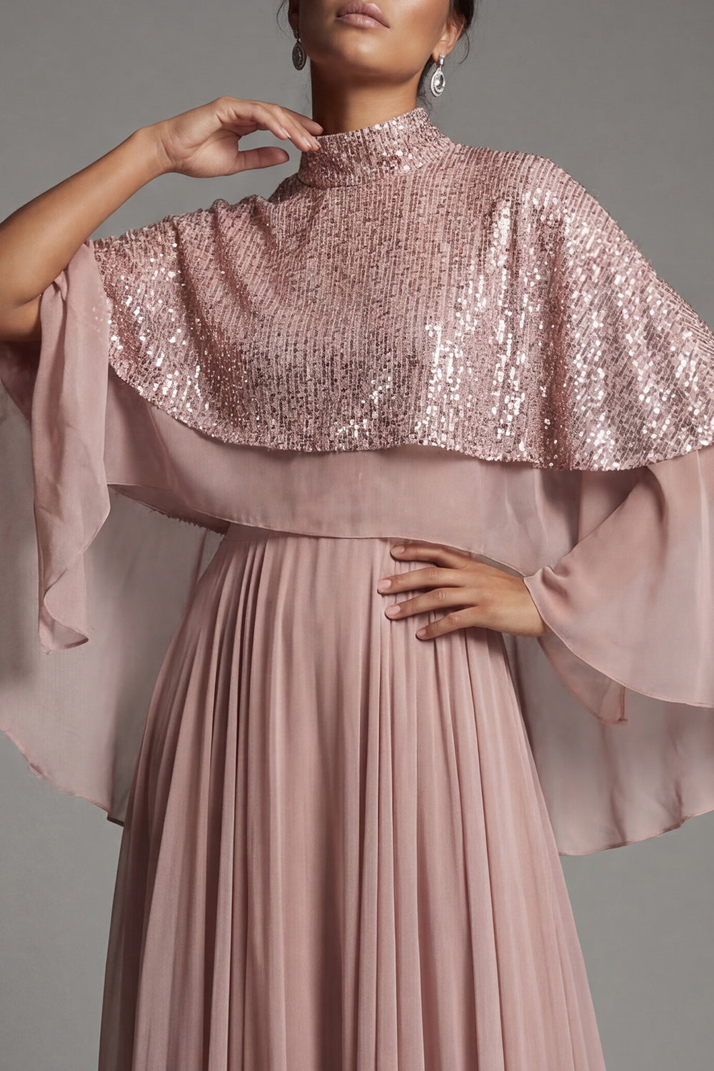 Sparkly Dusty Rose A Line Pleated Long Wedding Guest Dress with Cape