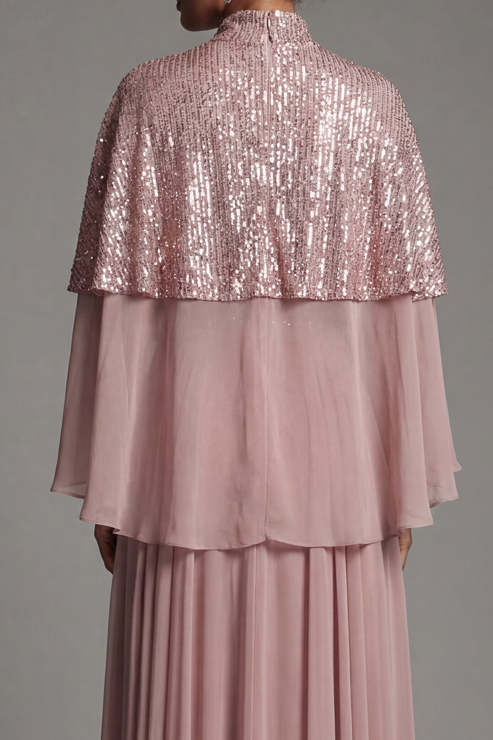 Sparkly Dusty Rose A Line Pleated Long Wedding Guest Dress with Cape