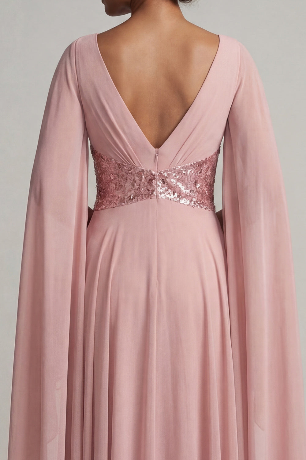 Sparkly Dusty Rose V Neck A Line Long Wedding Guest Dress with Cape