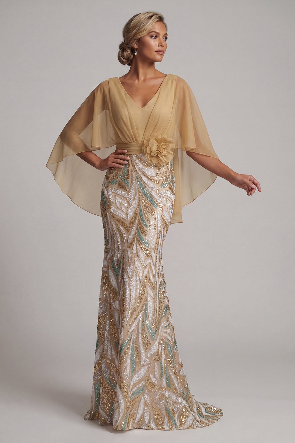 Sparkly Champagne Mermaid Sequins Floral Long Wedding Guest Dress with Cape