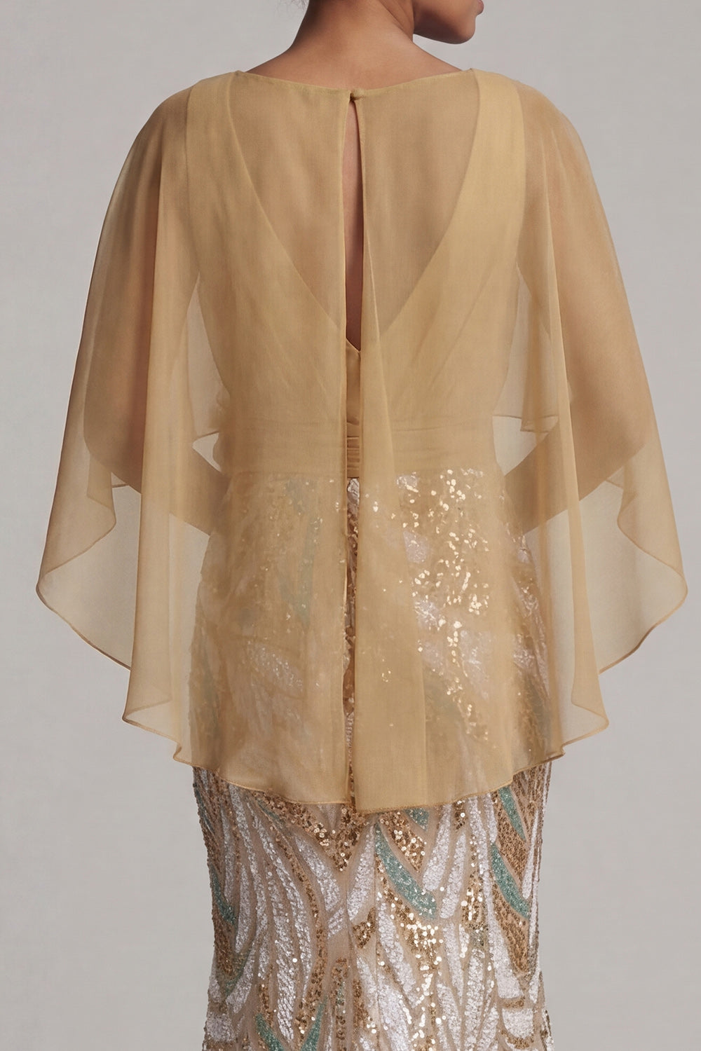 Sparkly Champagne Mermaid Sequins Floral Long Wedding Guest Dress with Cape