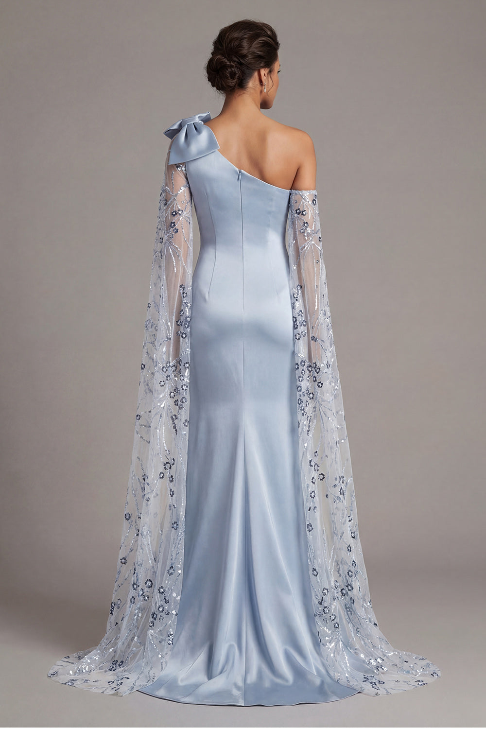 Sky Blue Mermaid Satin Maxi Wedding Guest Dress with Cape