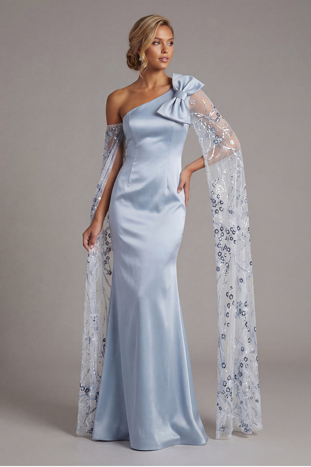 Sky Blue Mermaid Satin Maxi Wedding Guest Dress with Cape