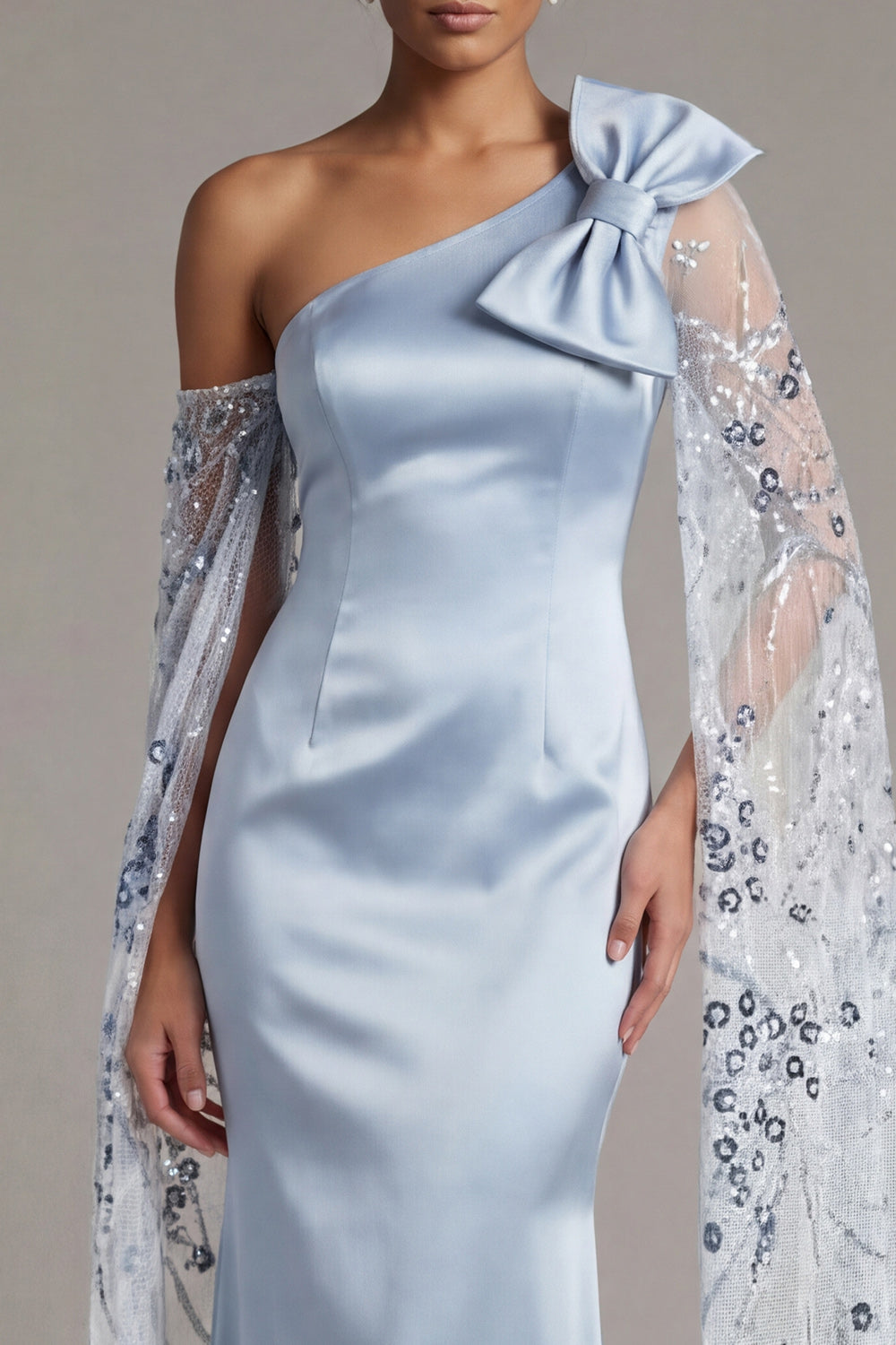 Sky Blue Mermaid Satin Maxi Wedding Guest Dress with Cape