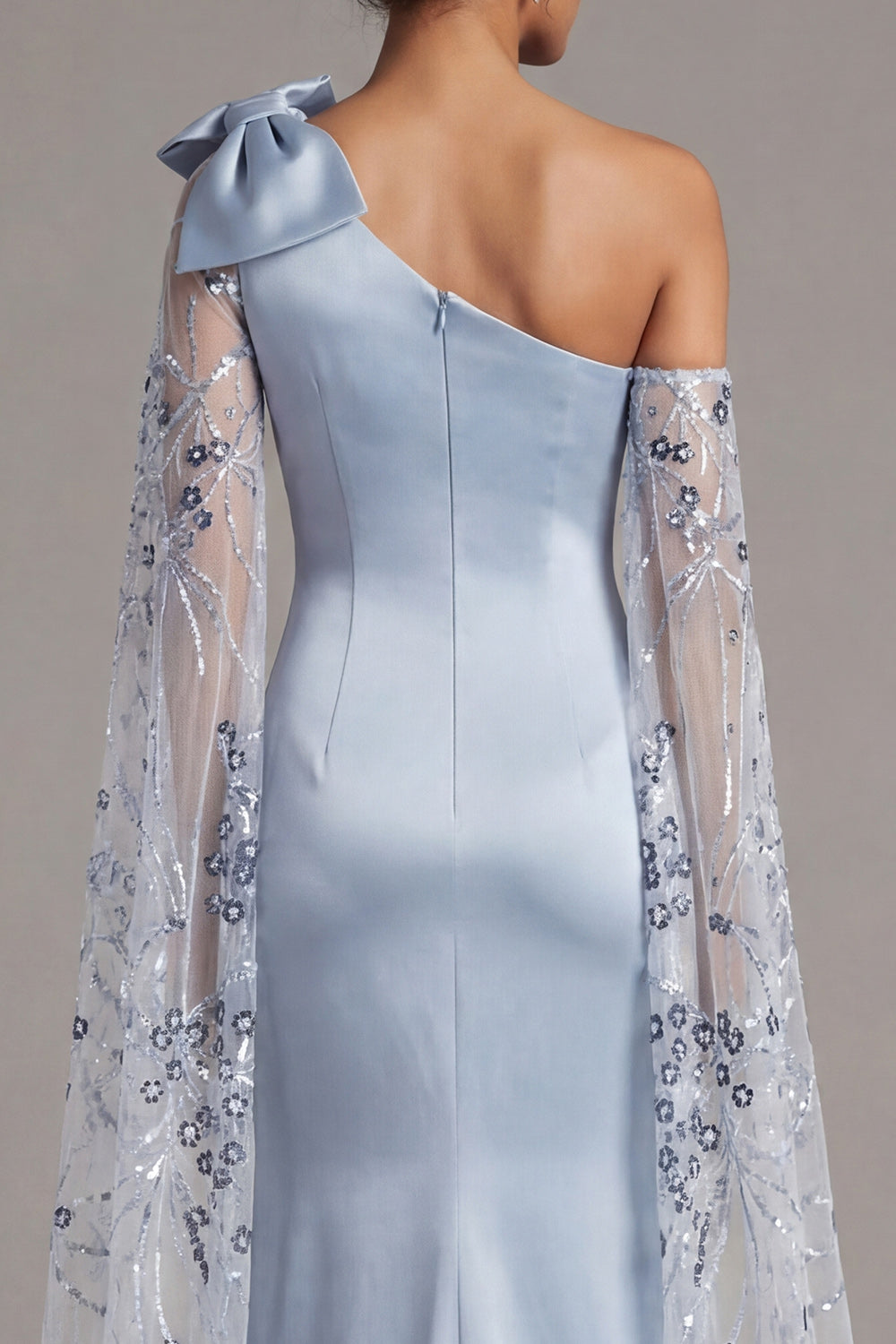 Sky Blue Mermaid Satin Maxi Wedding Guest Dress with Cape