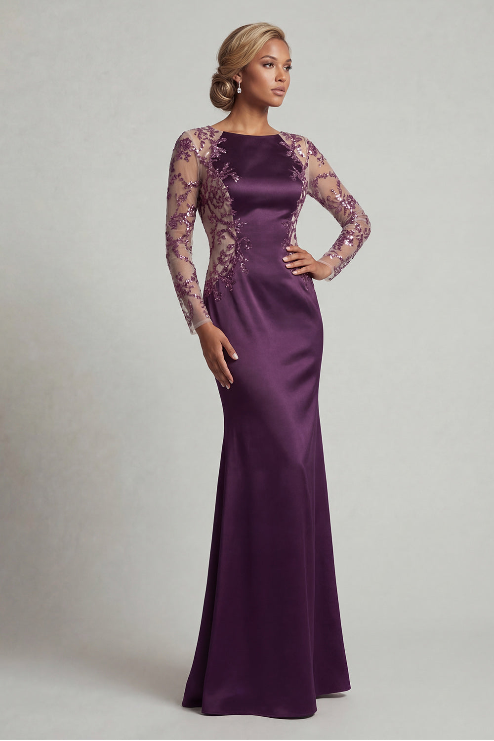 Sparkly Dark Purple Mermaid Boat Neck Long Wedding Guest Dress with Sequins