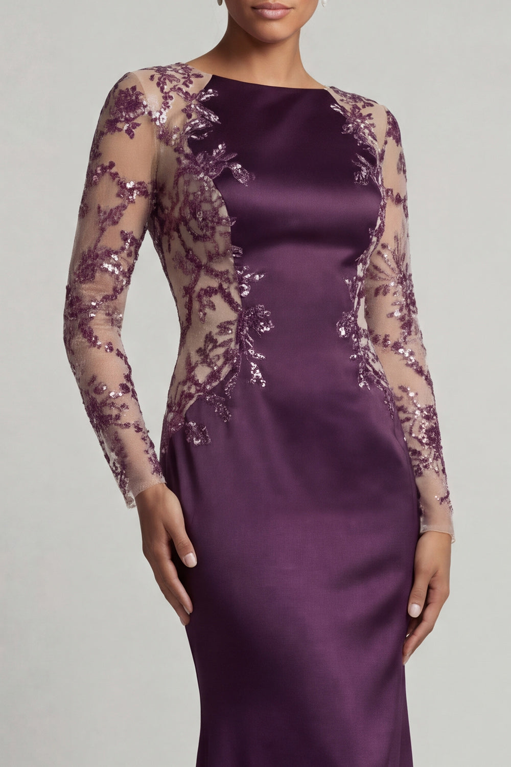 Sparkly Dark Purple Mermaid Boat Neck Long Wedding Guest Dress with Sequins