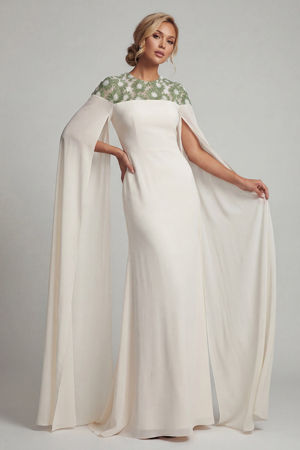 Ivory Floral Round Neck Mermaid Long Wedding Guest Dress with Cape