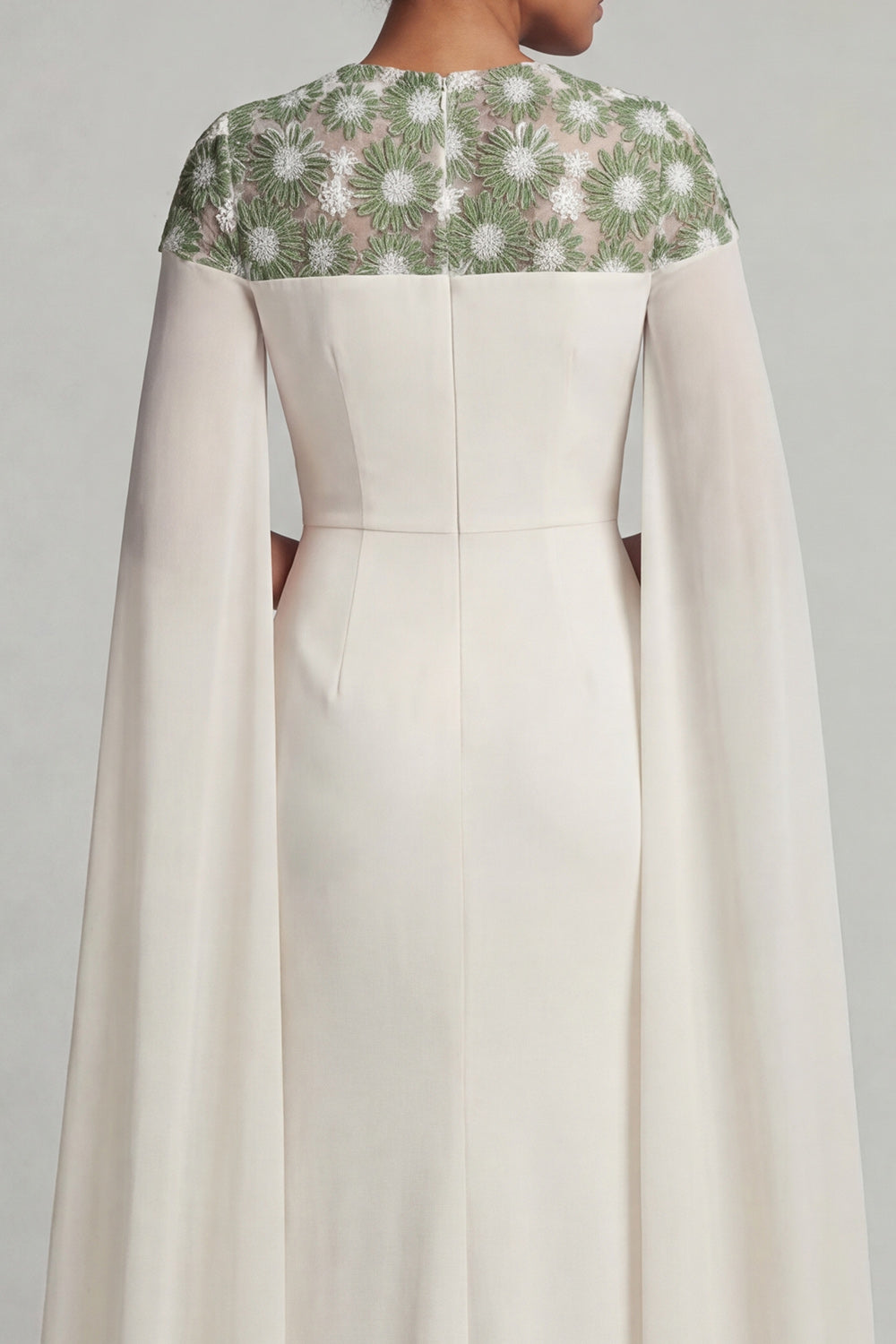 Ivory Floral Round Neck Mermaid Long Wedding Guest Dress with Cape