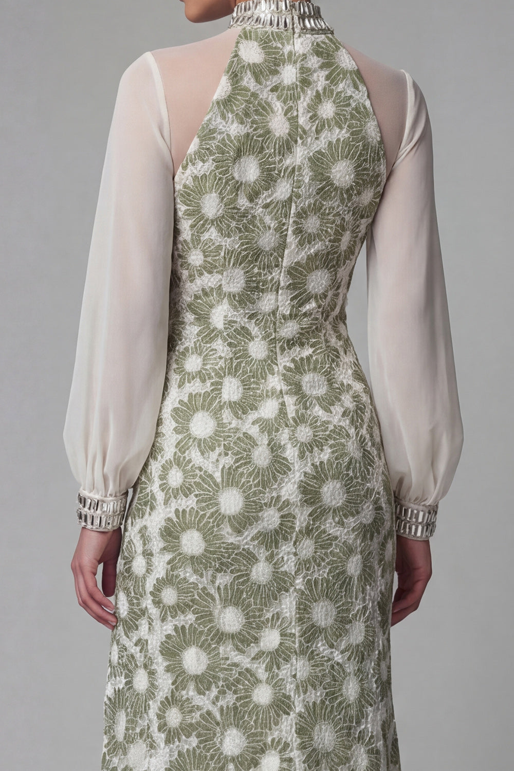 Green Mermaid Floral High Neck Long Sleeves Wedding Guest Dress with Slit