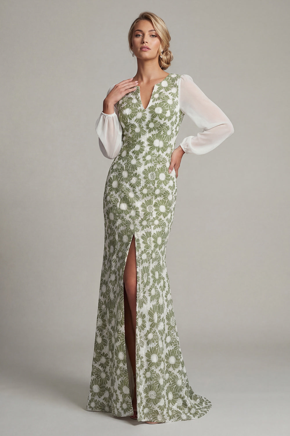 Floral Green Mermaid Maxi Wedding Guest Dress with Slit