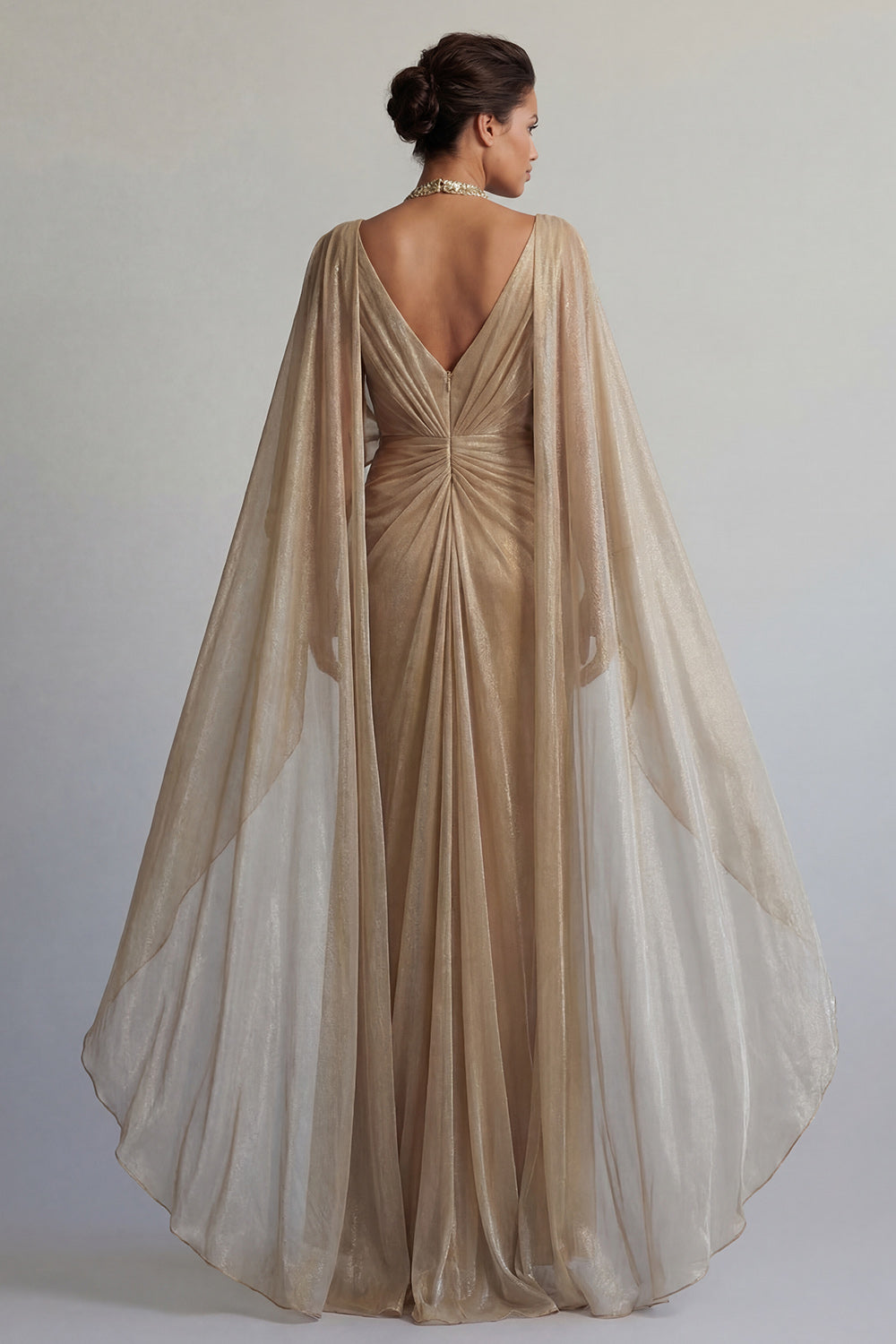 Sparkly Champagne Sheath Ruched Long Wedding Guest Dress with Cape