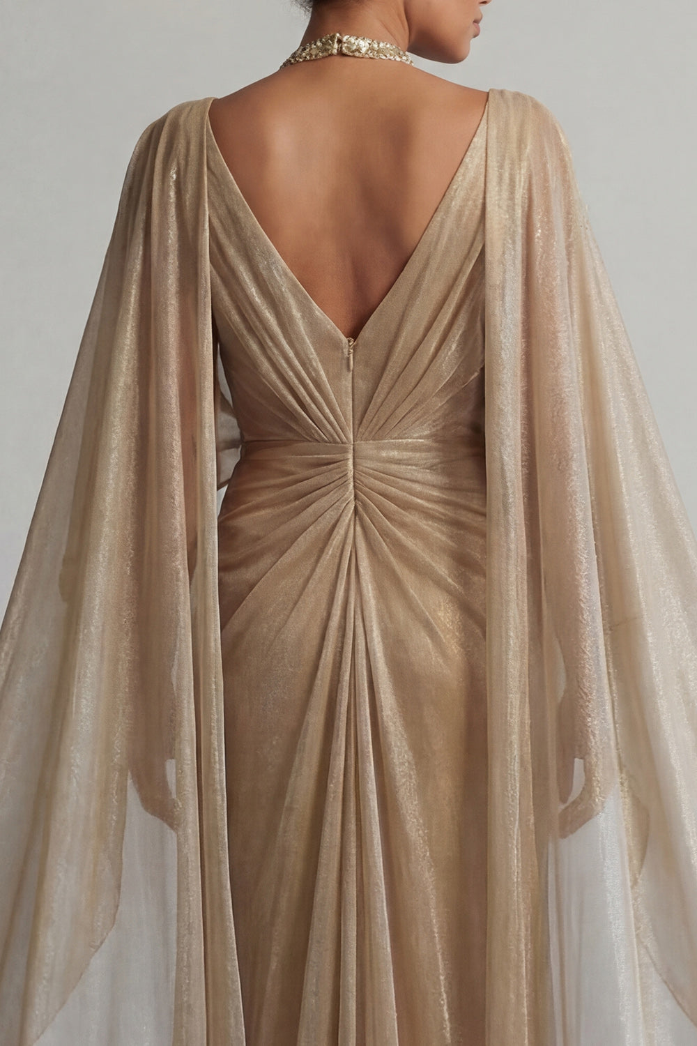 Sparkly Champagne Sheath Ruched Long Wedding Guest Dress with Cape