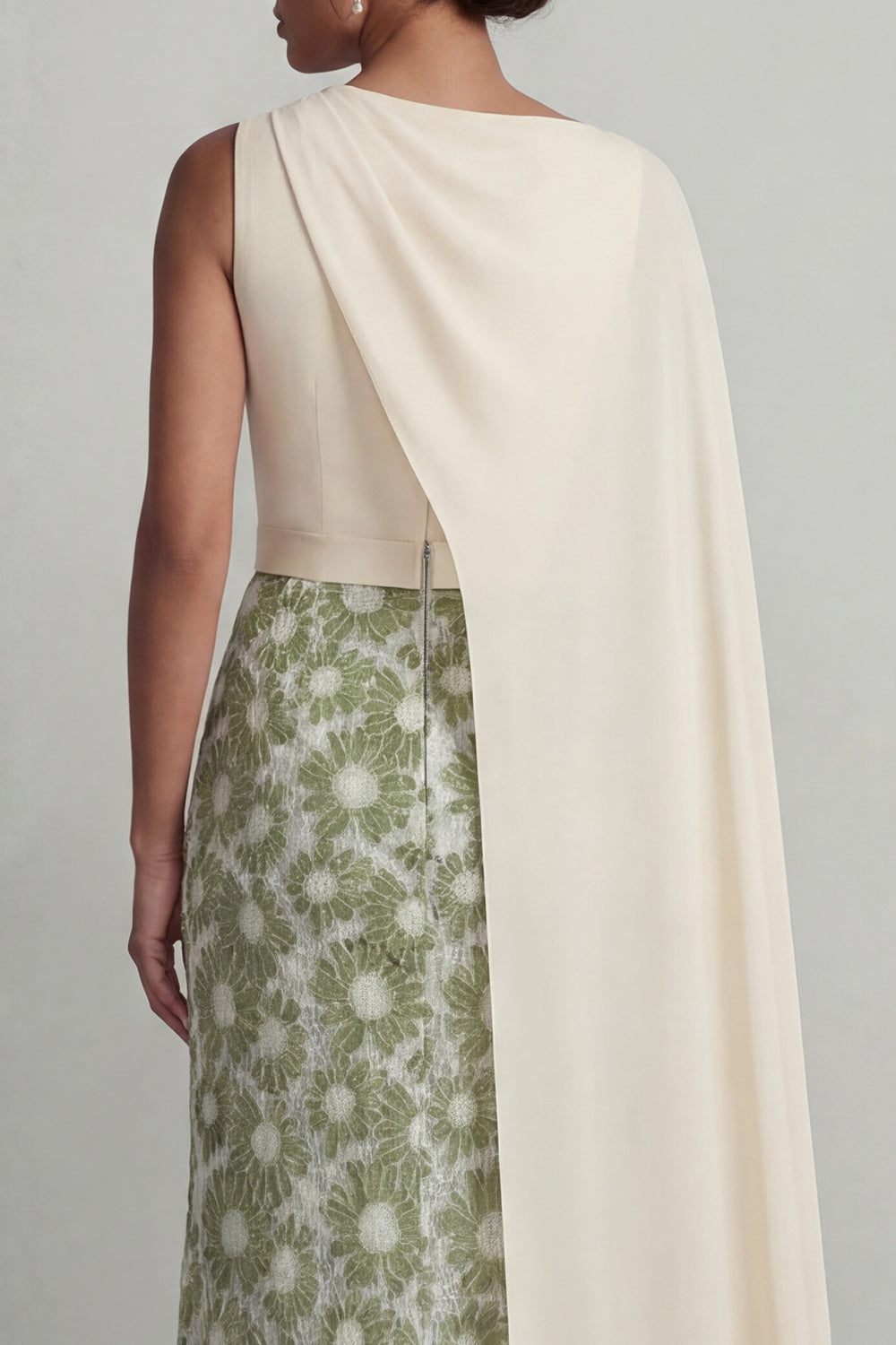 Green Mermaid Maxi Floral Wedding Guest Dress with Side Cape