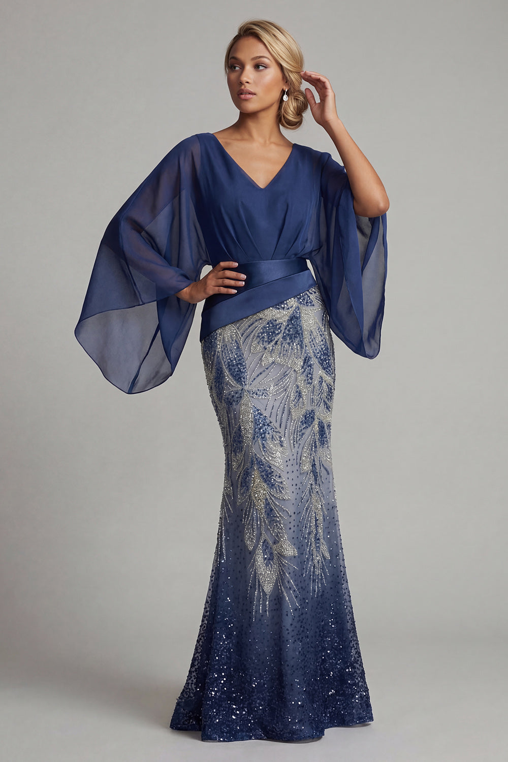 Sparkly Navy Mermaid Beaded Flare Sleeves Long Evening Dress