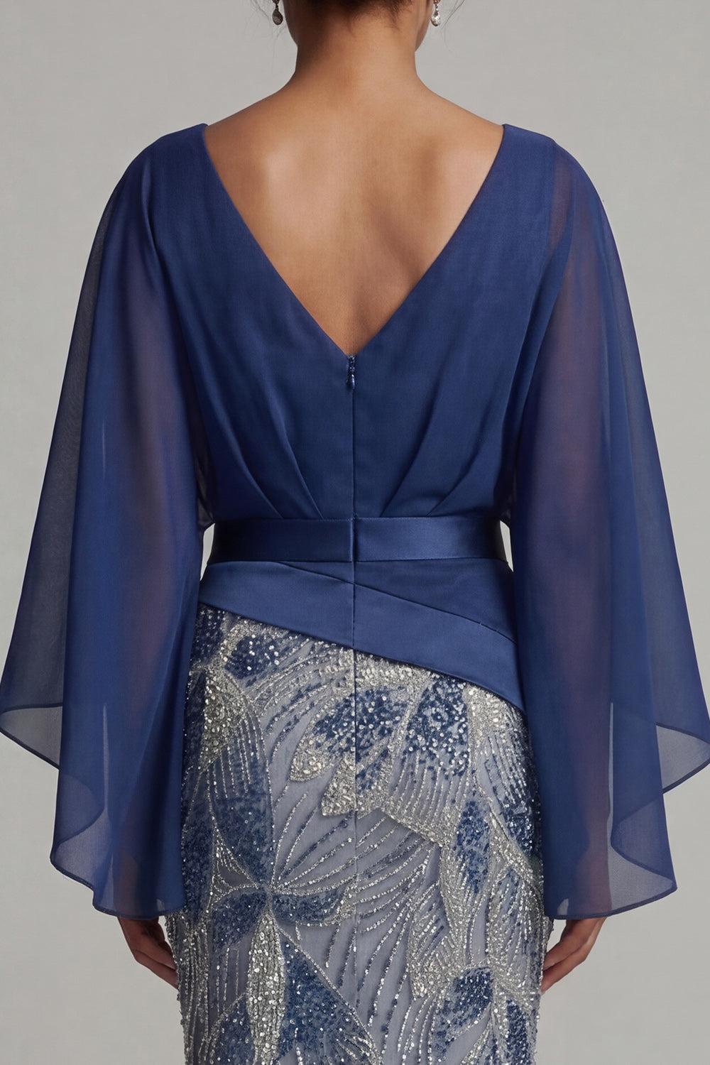 Sparkly Navy Mermaid Beaded Flare Sleeves Long Evening Dress