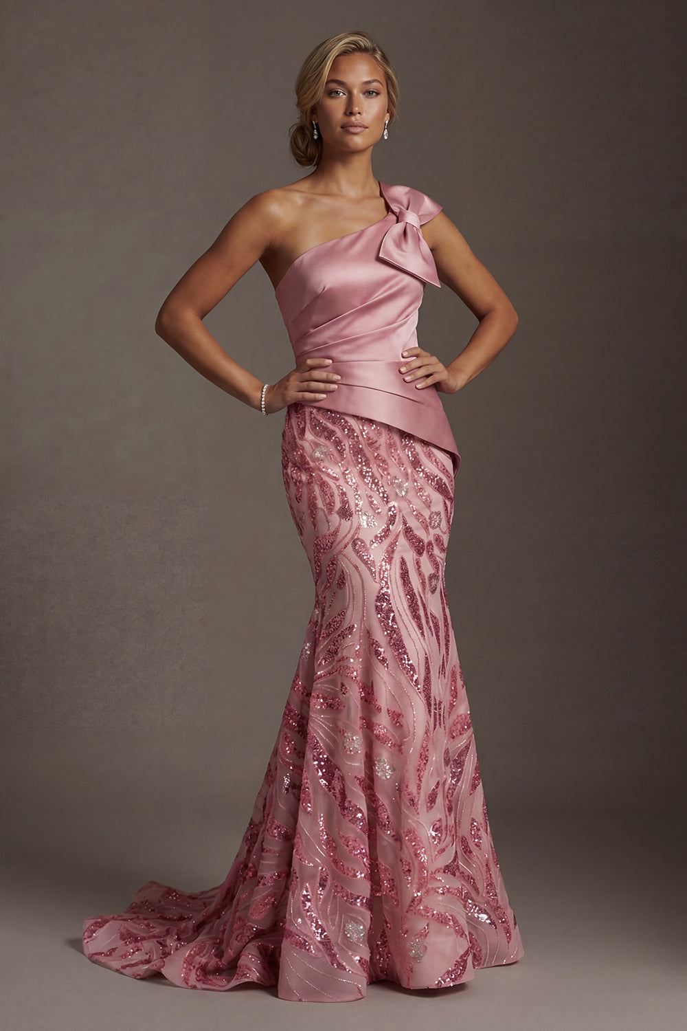 Sparkly Pink Mermaid Sequins Long Evening Dress with Bow