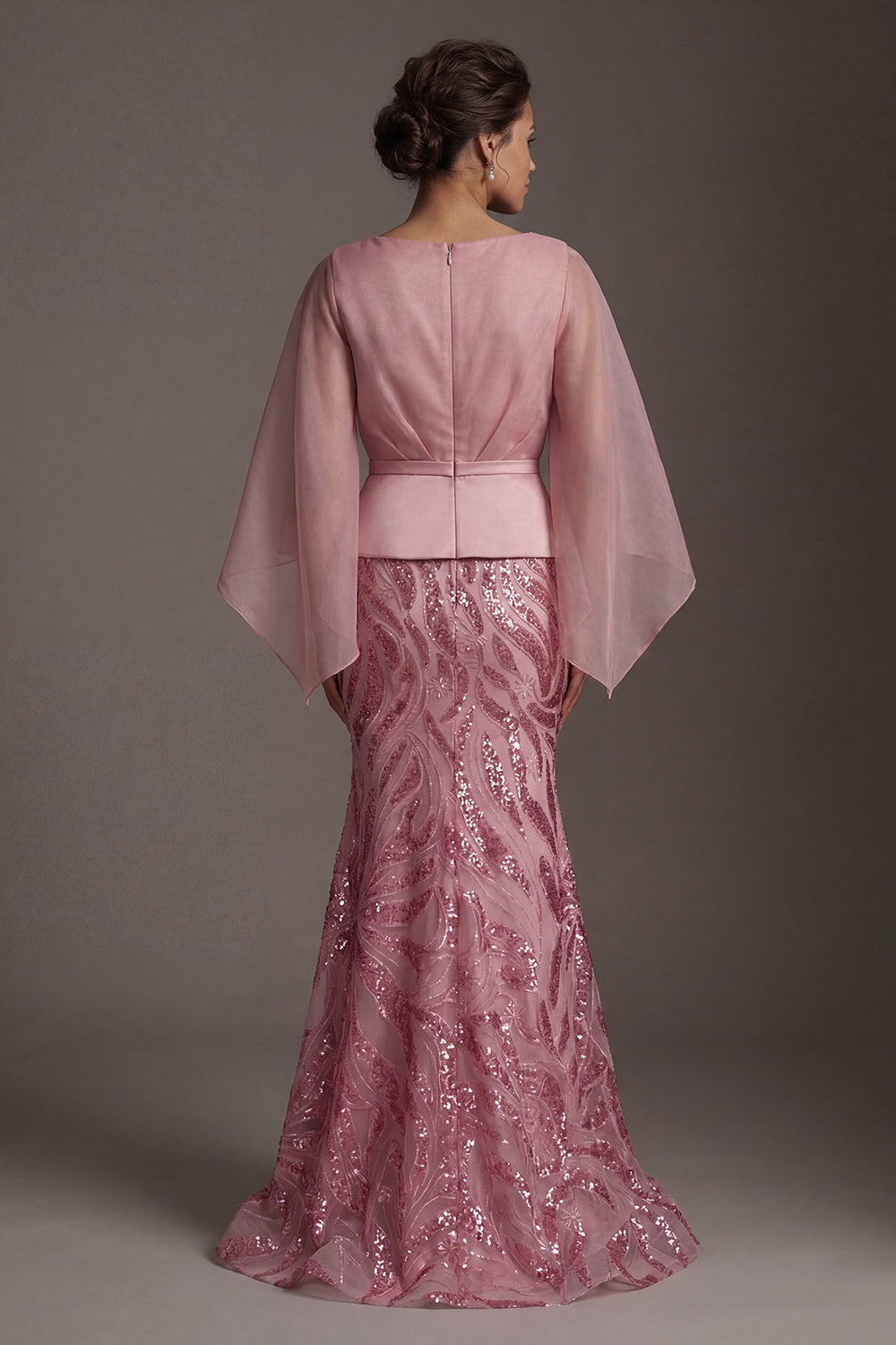 Flare Sleeves Long Sparkly Pink Mermaid Sequin Evening Dress