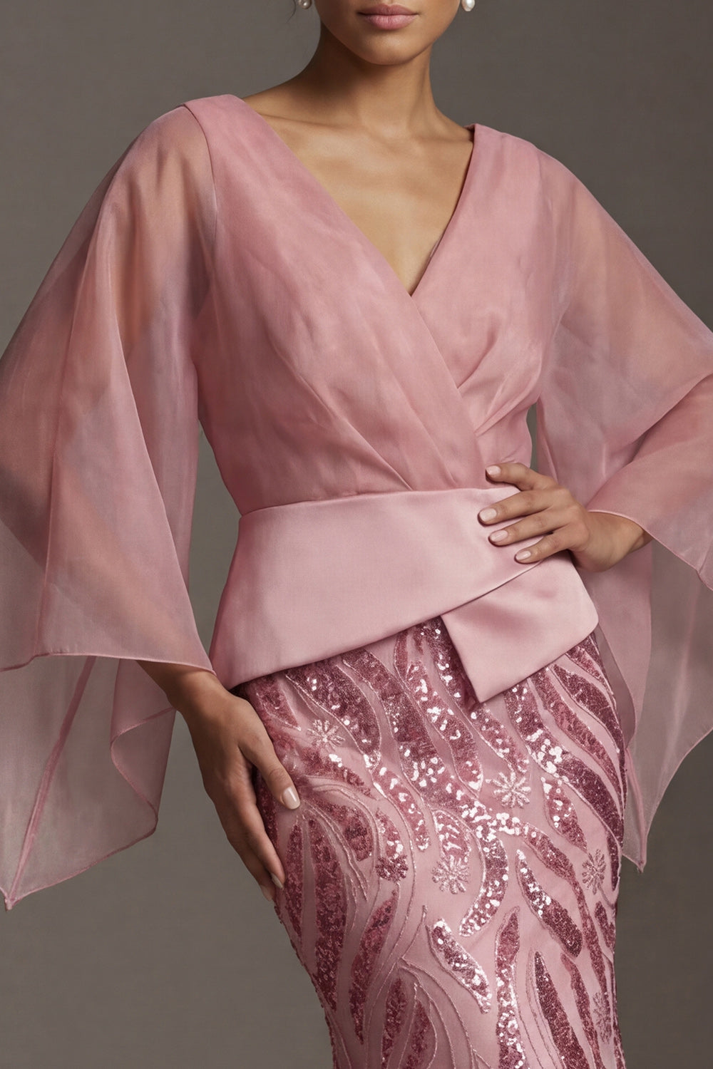 Flare Sleeves Long Sparkly Pink Mermaid Sequin Evening Dress