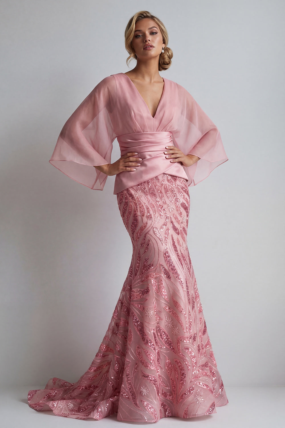 Sparkly Mermaid Pink Sequins Long Evening Dress with Sleeves