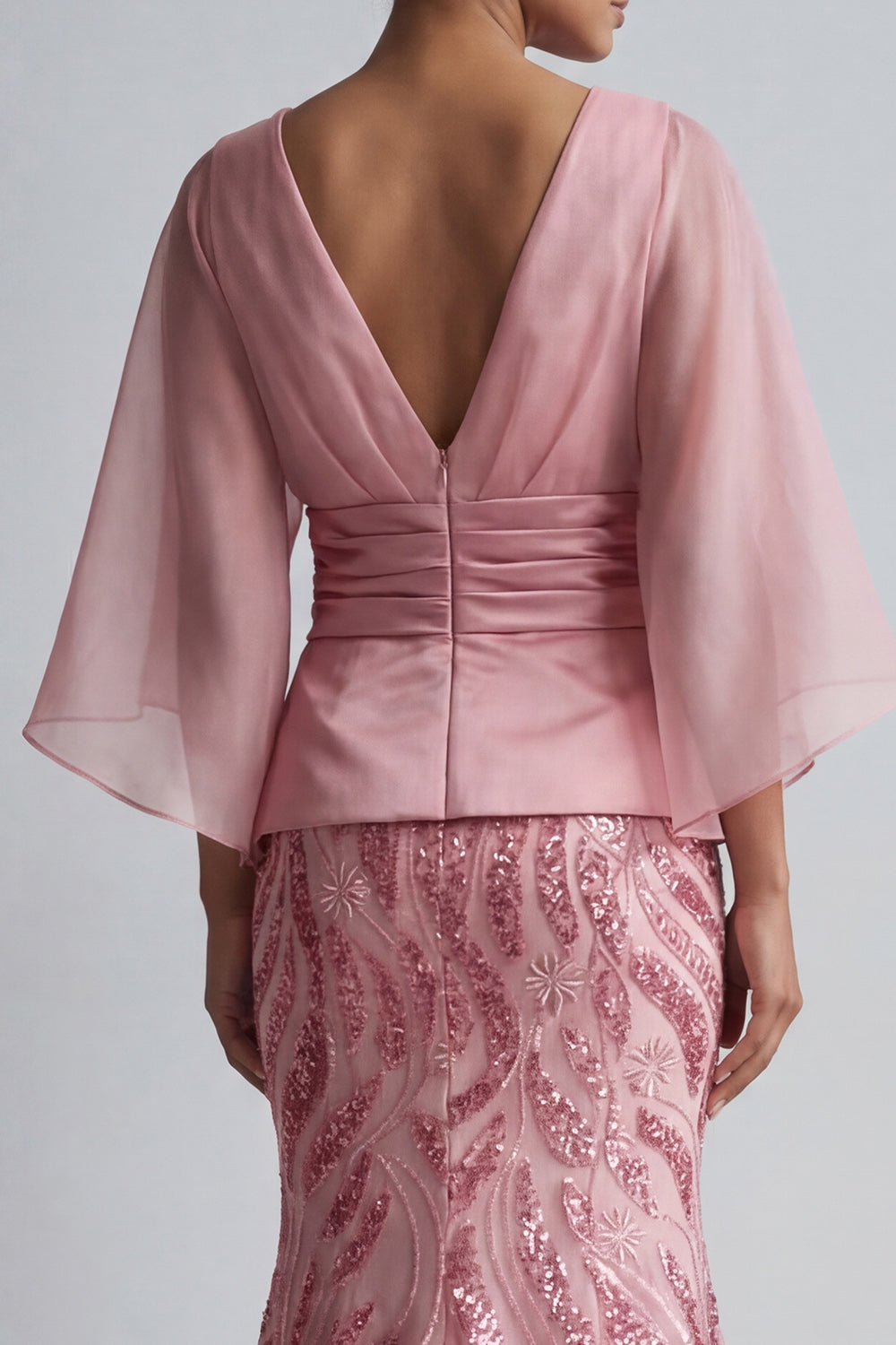 Sparkly Mermaid Pink Sequins Long Evening Dress with Sleeves