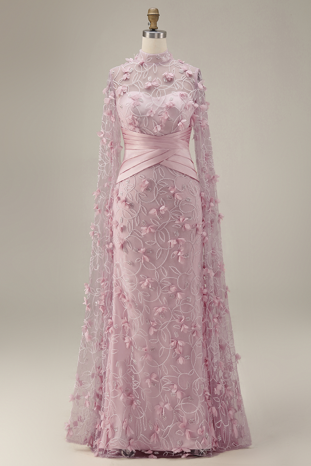 Mermaid Pink Ruched Floral Long Evening Dress with Cape