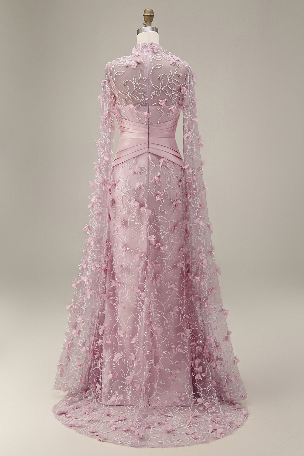 Mermaid Pink Ruched Floral Long Evening Dress with Cape