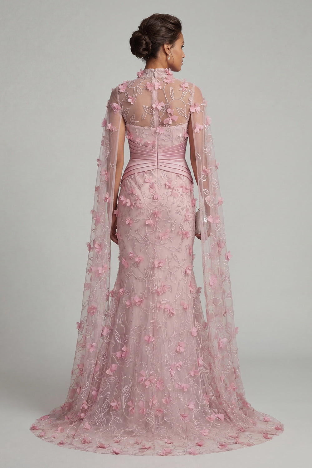 Mermaid Pink Ruched Floral Long Evening Dress with Cape