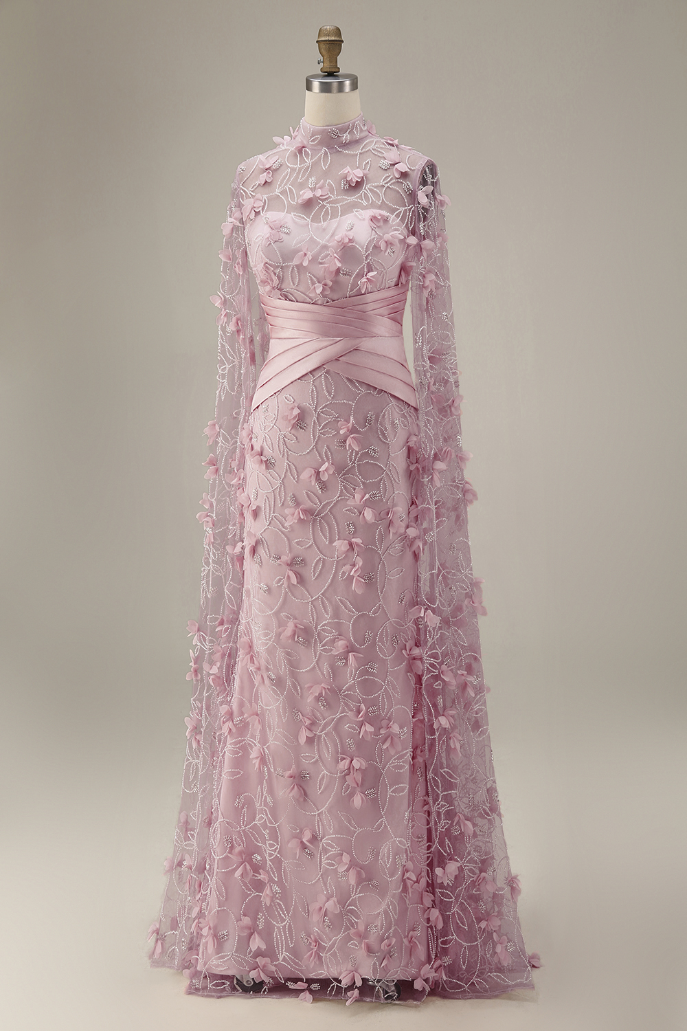 Mermaid Pink Ruched Floral Long Evening Dress with Cape