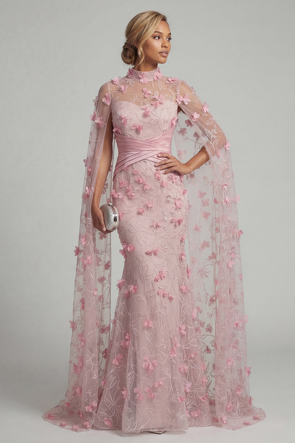 Mermaid Pink Ruched Floral Long Evening Dress with Cape