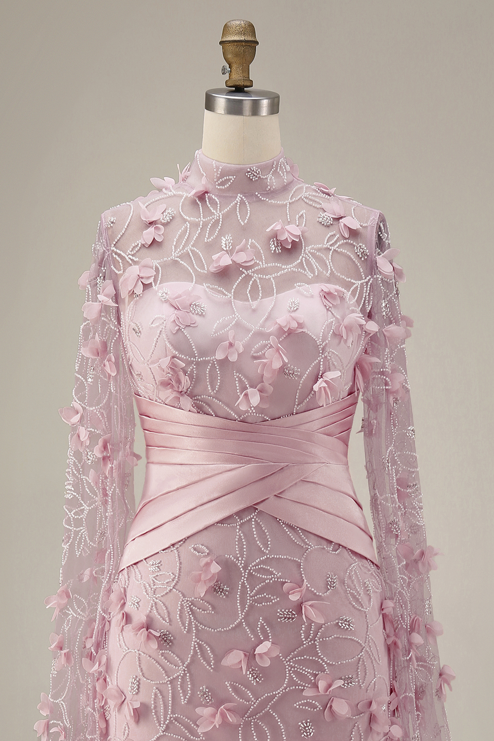 Mermaid Pink Ruched Floral Long Evening Dress with Cape