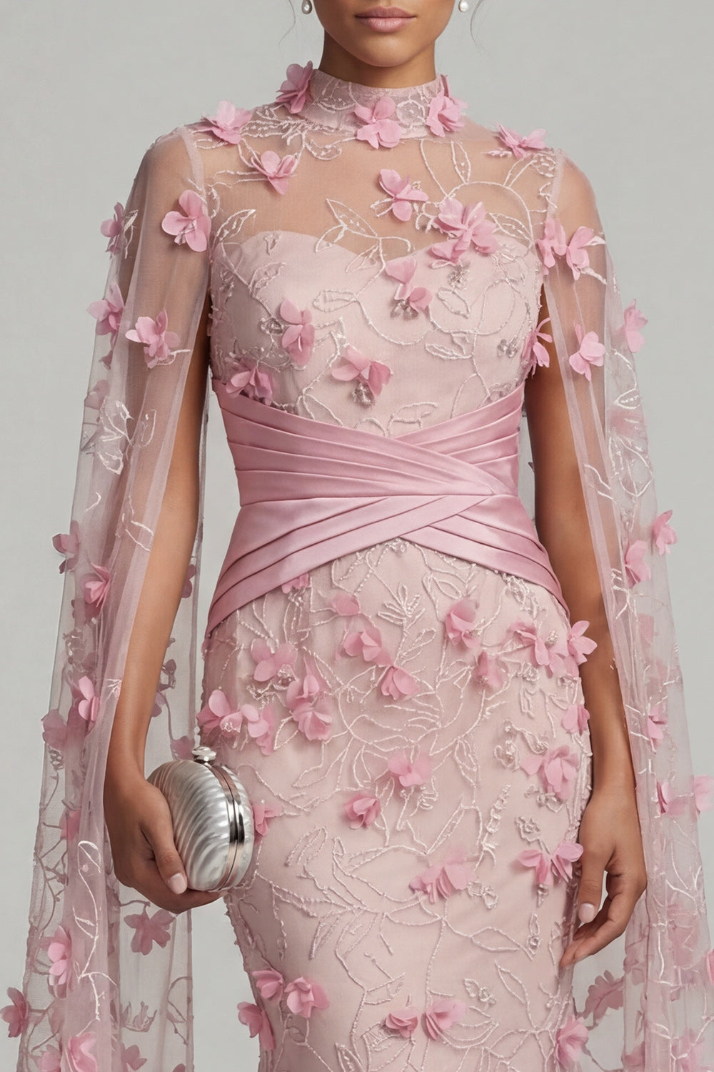 Mermaid Pink Ruched Floral Long Evening Dress with Cape
