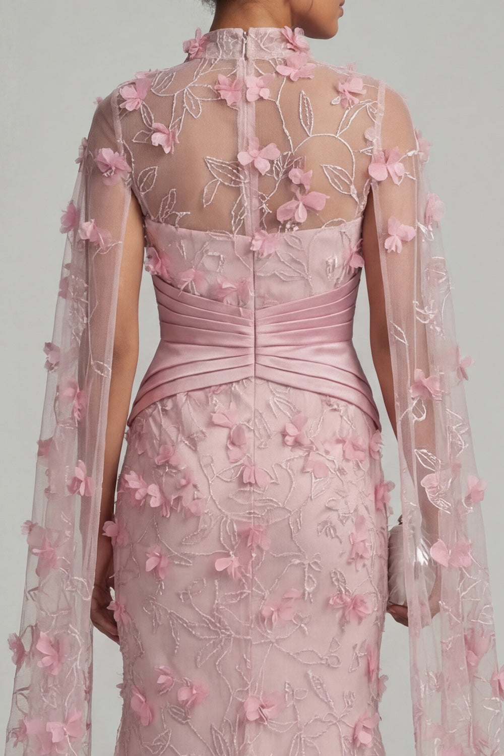 Mermaid Pink Ruched Floral Long Evening Dress with Cape